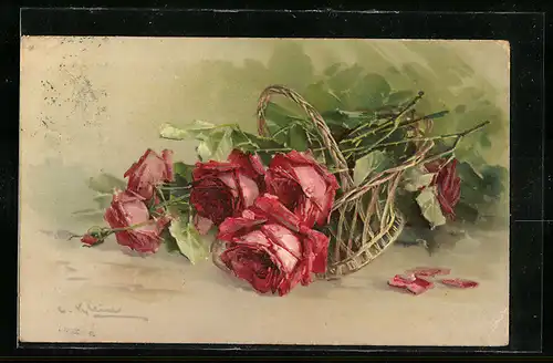 Künstler-AK Catharina Klein: Rote Rosen in einem Korb