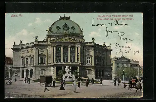 AK Wien, Deutsches Volkstheater mit Ferdinand Raimund-Denkmal