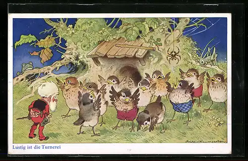 Künstler-AK Fritz Baumgarten: Lustig ist die Turnerei, Zwerg und Vögel bei der Gymnastik