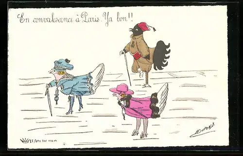 Künstler-AK sign. Dupond: Vögel in Uniform und eleganten Kleidern