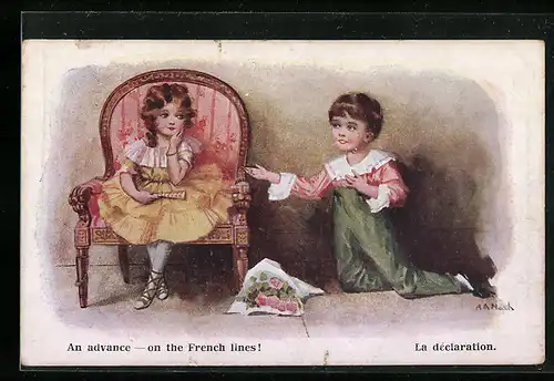 Künstler-AK sign. A. A. Nash: An advance on the French lines!, Junge gesteht Mädchen seine Liebe