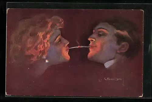 Künstler-AK Luis Usabal: Liebespaar zündet sich mit Streichholz Zigaretten an