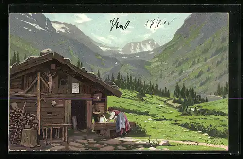 Künstler-AK Alfred Mailick: Frau vor einer Hütte in den Bergen
