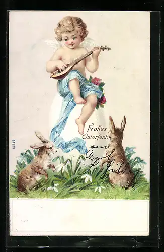 Relief-AK Englein mit Laute auf Ei, Osterhasen, Ostergruss