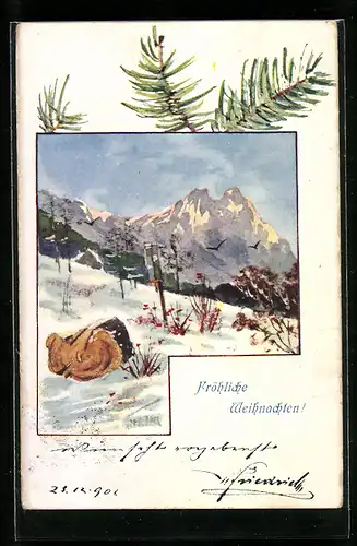 Künstler-AK Brüder Kohn (B.K.W.I) Nr. 2000-1: Winterliche Landschaft mit Bergen, Weihnachtsgruss