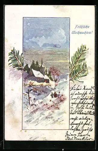 Künstler-AK Brüder Kohn (B.K.W.I) Nr. 2000-4: Haus in winterlicher Landschaft, Weihnachtsgruss