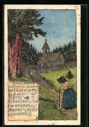 Künstler-AK Handgemalt: Frau auf dem Weg zur Kirche