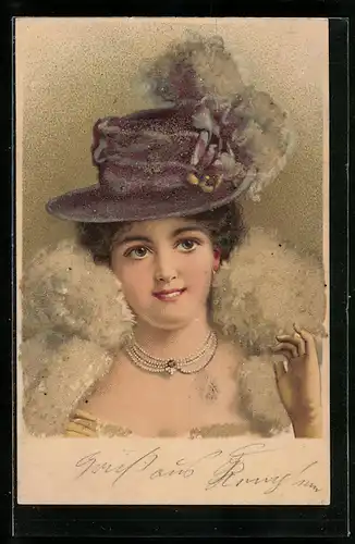 AK Junge Dame mit Hut und Halskette, Jugendstil