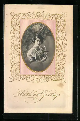 Foto-Collage-AK Junge Frau mit einem Sektglas, Geburtstagsgruss