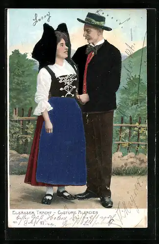 Stoff-Präge-AK Mann und Frau in Elsässer Tracht schauen sich in die Augen, Costume Alsacienne