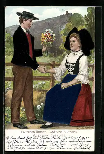 AK Elsässer Tracht, Herr schenkt Dame Blumen