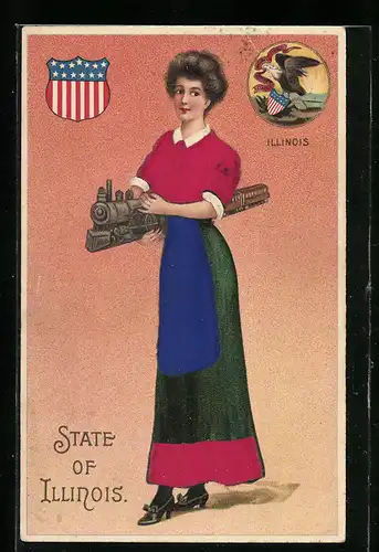 AK State of Illinois, Frau mit Modell-Eisenbahn, Wappen
