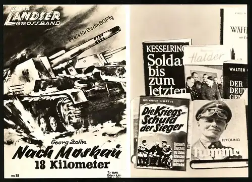 Fotografie unbekannter Fotograf und Ort, Propaganda Literatur verherrlichen faschistische Kriegsverbrechen