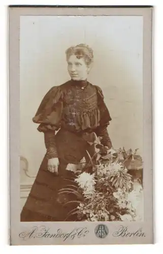 Fotografie A. Jandorf & Co., Berlin, Spittelmarkt 16, Junge Dame in schwarzem Kleid mit Puffärmeln leicht am Lächeln