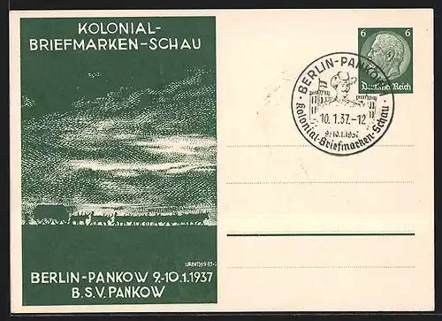 Künstler-AK Berlin-Pankow, Kolonial-Briefmarken-Schau des BSV Pankow 1937, Ganzsache 6 Pf.