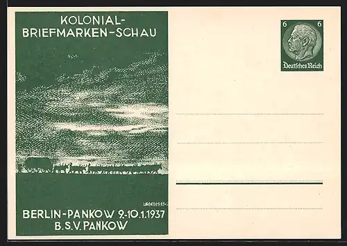 Künstler-AK Berlin-Pankow, Kolonial-Briefmarken-Schau des BSV Pankow 1937, Trek, Ganzsache