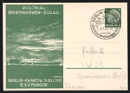 Künstler-AK Berlin-Pankow, Kolonial-Briefmarken-Schau 1937, Ganzsache 6 Pf.