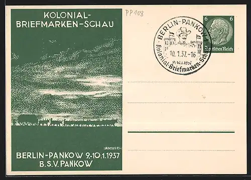 AK Berlin-Pankow, Kolonial-Briefmarken-Schau 1937, Rinderherde vor untergehender Sonne, Ganzsache