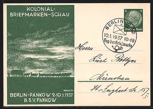 AK Berlin-Pankow, Kolonial-Briefmarken-Schau 1937, Kolonisten-Trek vor untergehender Sonne, Ganzsache