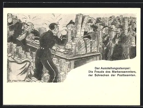 AK Düsseldorf, Rheinische Briefmarken-Ausstellung 1936, Postbeamte beim Ausstellen von Ausstellungsstempeln, Ganzsache