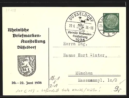 AK Düsseldorf, Rheinische Briefmarken-Ausstellung 1936, Postbeamte beim Ausstellen von Ausstellungsstempeln, Ganzsache