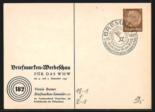 AK Bremen, Stadtpostamt, Briefmarken-Werbeschau für das WHW 1937, Stadtpostamt, Ganzsache