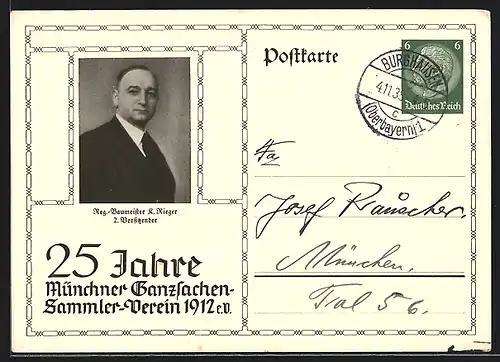 AK München, 25 Jahre Münchner Ganzsachen-Sammler-Verein 1912 e.V., Baumeister K. Rieger, Ganzsache