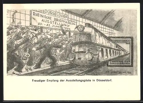 AK Düsseldorf, Rheinische Briefmarken-Ausstellung 1936, Freudiger Empfang der Ausstellungsgäste, Ganzsache