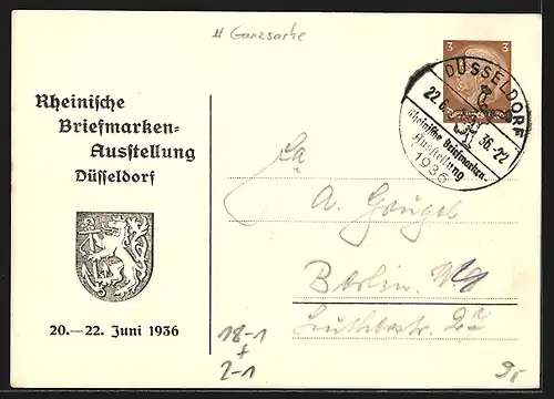 AK Düsseldorf, Rheinische Briefmarken-Ausstellung 1936, Freudiger Empfang der Ausstellungsgäste, Ganzsache