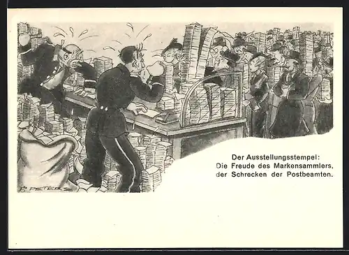 AK Düsseldorf, Rheinische Briefmarken-Ausstellung 1936, Postbeamte beim Ausstellen von Ausstellungsstempeln, Ganzsache