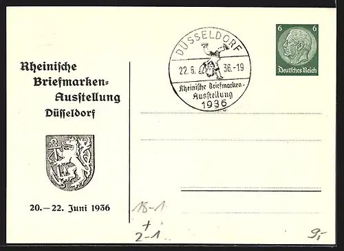 AK Düsseldorf, Rheinische Briefmarken-Ausstellung 1936, Postbeamte beim Ausstellen von Ausstellungsstempeln, Ganzsache