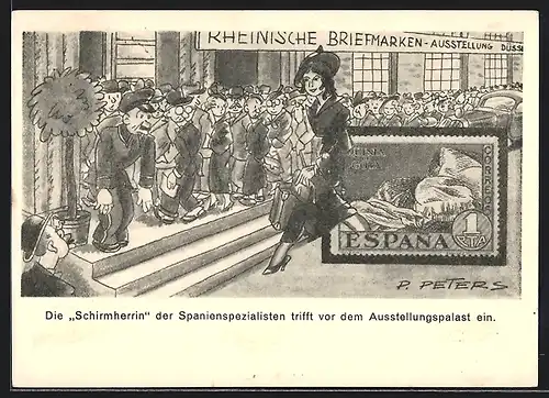 AK Düsseldorf, Rheinische Briefmarken-Ausstellung 1936, Wappen, Schirmherrin entsteigt einer Briefmarke, Ganzsache