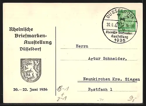 AK Düsseldorf, Rheinische Briefmarken-Ausstellung 1936, Wappen, Schirmherrin entsteigt einer Briefmarke, Ganzsache