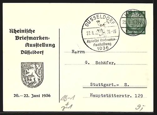 AK Düsseldorf, Rheinische Briefmarken-Ausstellung 1936, Postbeamte verteilen Ausstellungsstempel, Ganzsache