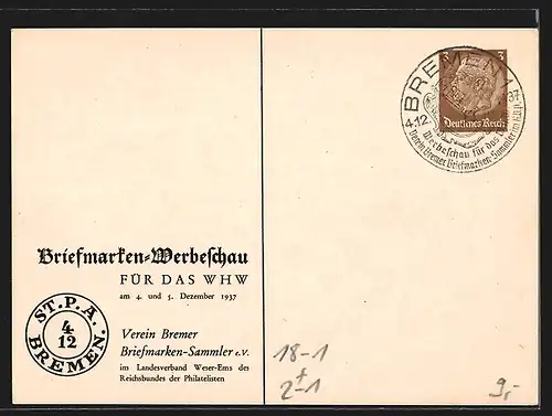 AK Bremen, Briefmarken-Werbeschau für das WHW 1937, Verein Bremer Briefmarken-Sammler e. V., Stadtpostamt, Ganzsache