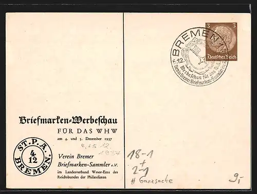 AK Bremen, Briefmarken-Werbeschau für das WHW 1937, Verein Bremer Briefmarken-Sammler e. V., Stadtpostamt, Ganzsache