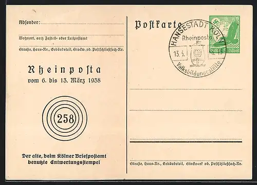AK Köln, Rheinposta Ausstellung 1938, Ganzsache 5 Pf.