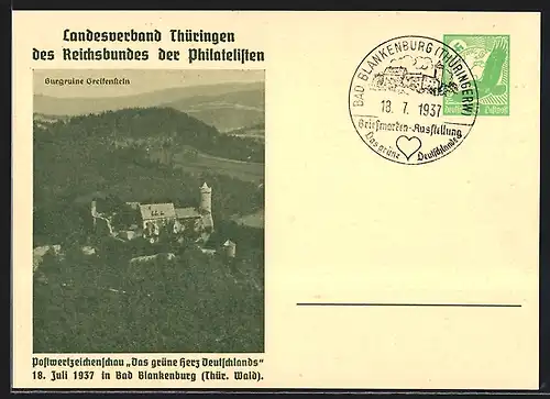 AK Bad Blankenburg /Thür. Wald, Postwertzeichenschau Das grüne Herz Deutschlands 1937, Ruine Greifenstein, Ganzsache