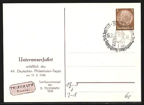 AK Bremen, Allg. Postwertzeichen-Ausstellung 1938, Unterweserfahrt, Ganzsache