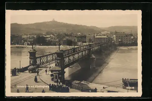 AK Linz a. D., Urfahr mit Pöstlingberg, Flusspartie mit Brücke