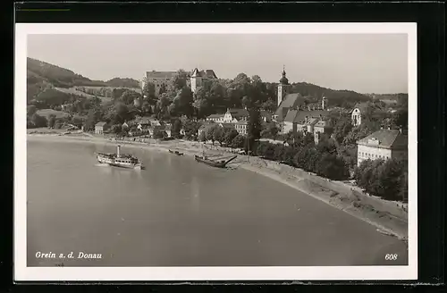 AK Grein a. d. Donau, Ortsansicht mit Dampfer aus der Vogelschau