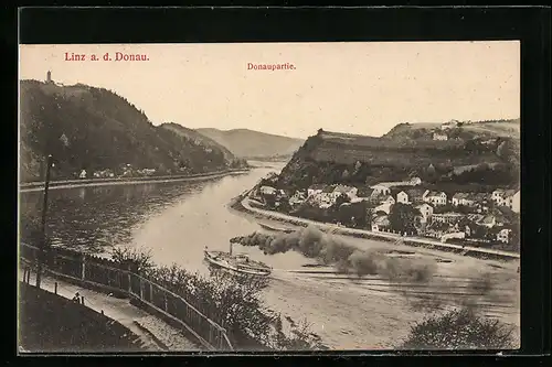 AK Linz a. d. Donau, Donaupartie mit Dampfer