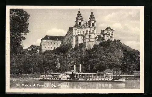 AK Stift Melk a. d. Donau, Ortsansicht mit Dampfer Aschach