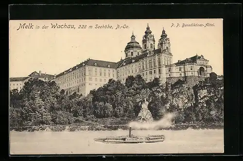 AK Melk in der Wachau, P. P. Benediktiner-Abtei mit Dampfer