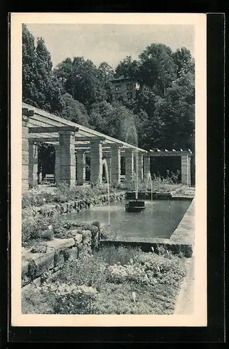 AK Coburg, Deutsche Rosenschau 1929, Partie an der Pergola mit Springbrunnenbecken