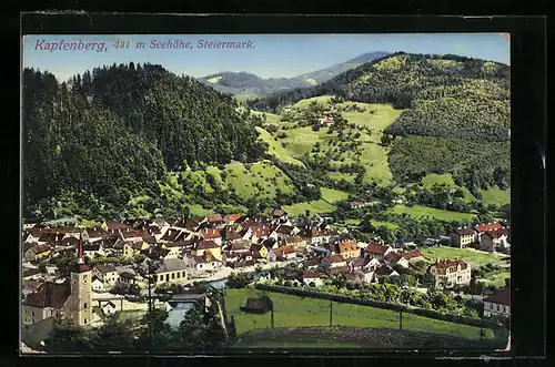 AK Kapfenberg, Totalansicht aus der Vogelschau mit Kirche