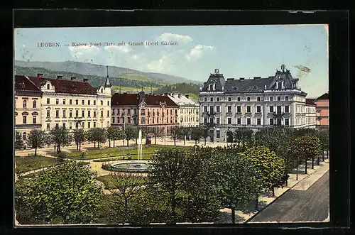 AK Leoben, Kaiser Josef-Platz mit Grand Hotel Gärner