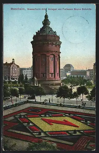 AK Mannheim, Wasserturm mit Anlagen von Professor Bruno Schmits
