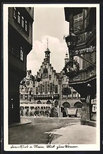 AK Alt-Frankfurt, Gasthaus zum steinernen Haus, Blick zum Römer