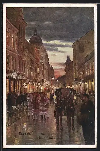 AK Zagreb, Hauptstrasse mit Strassenbahn